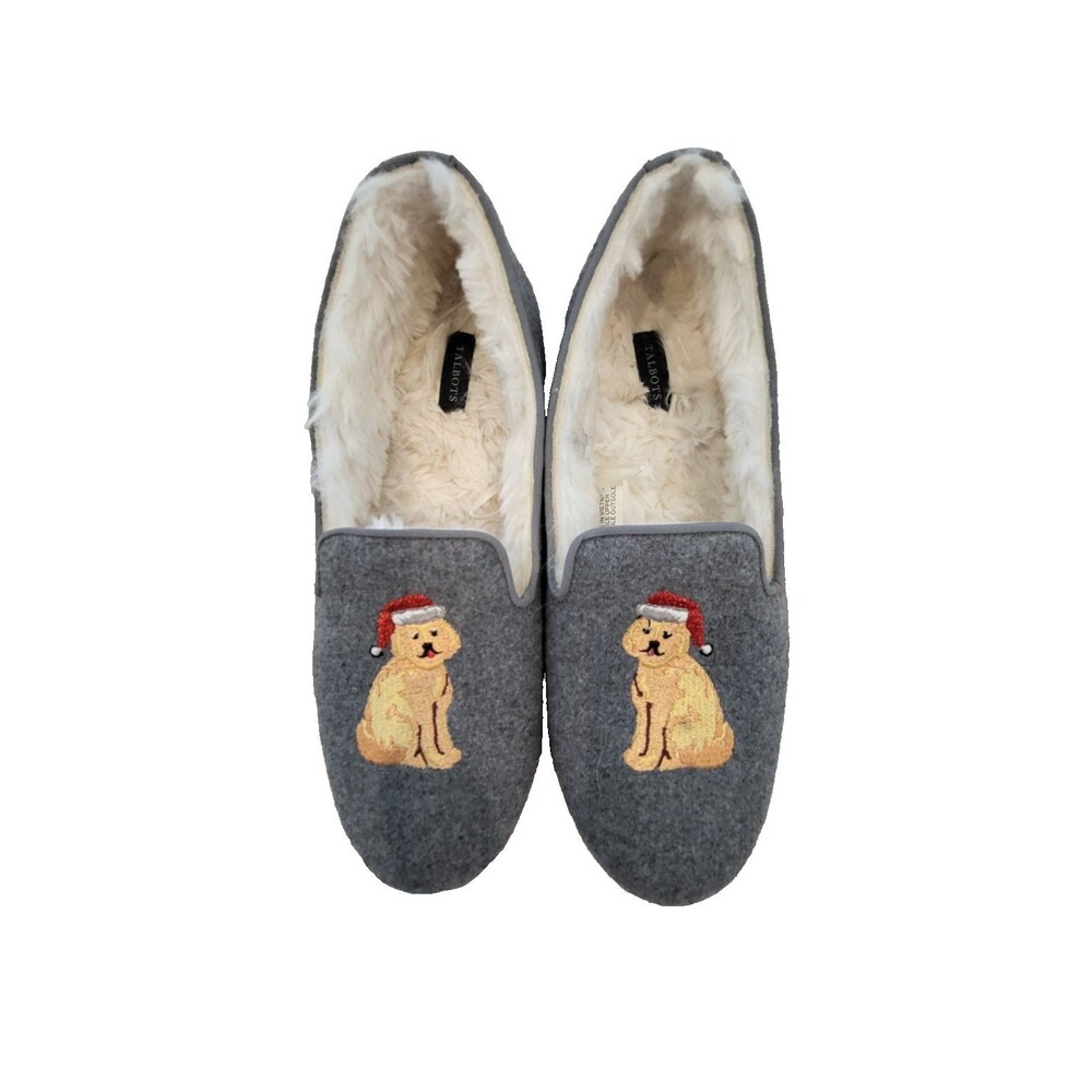 Talbots Womens Gray Felt Santa Dog Slippers Golden Retriever Faux Fur Lined 7M